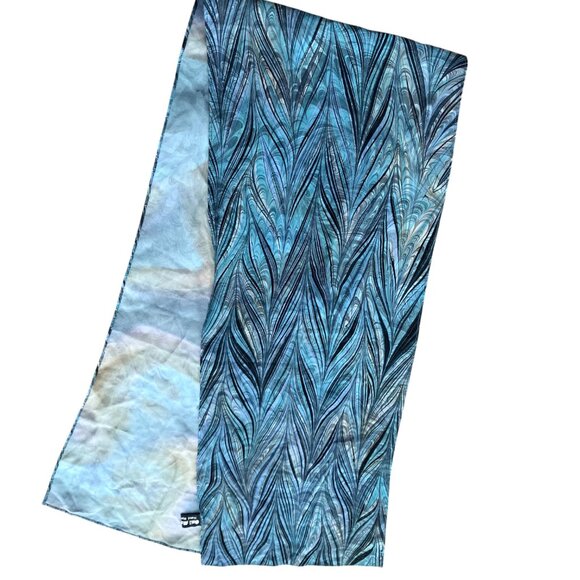 Gail Mackenzie Silk Hand Made Blue Patterned Scarf Rectangle Floral Marbelized - Picture 6 of 6